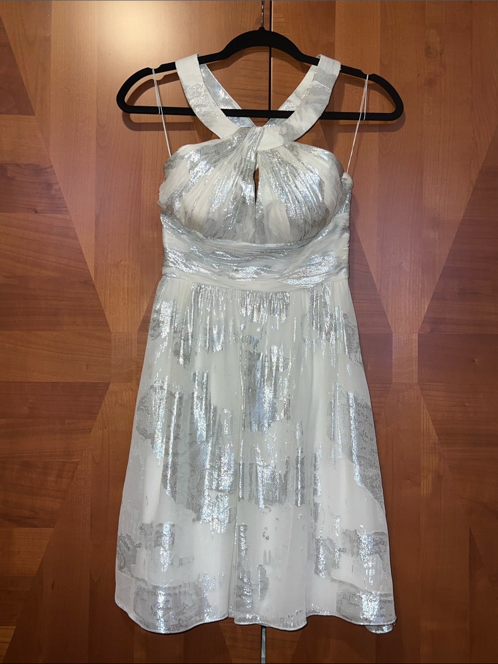 Aidan Mattox Silk Silver-Accented White Halter Cocktail Dress